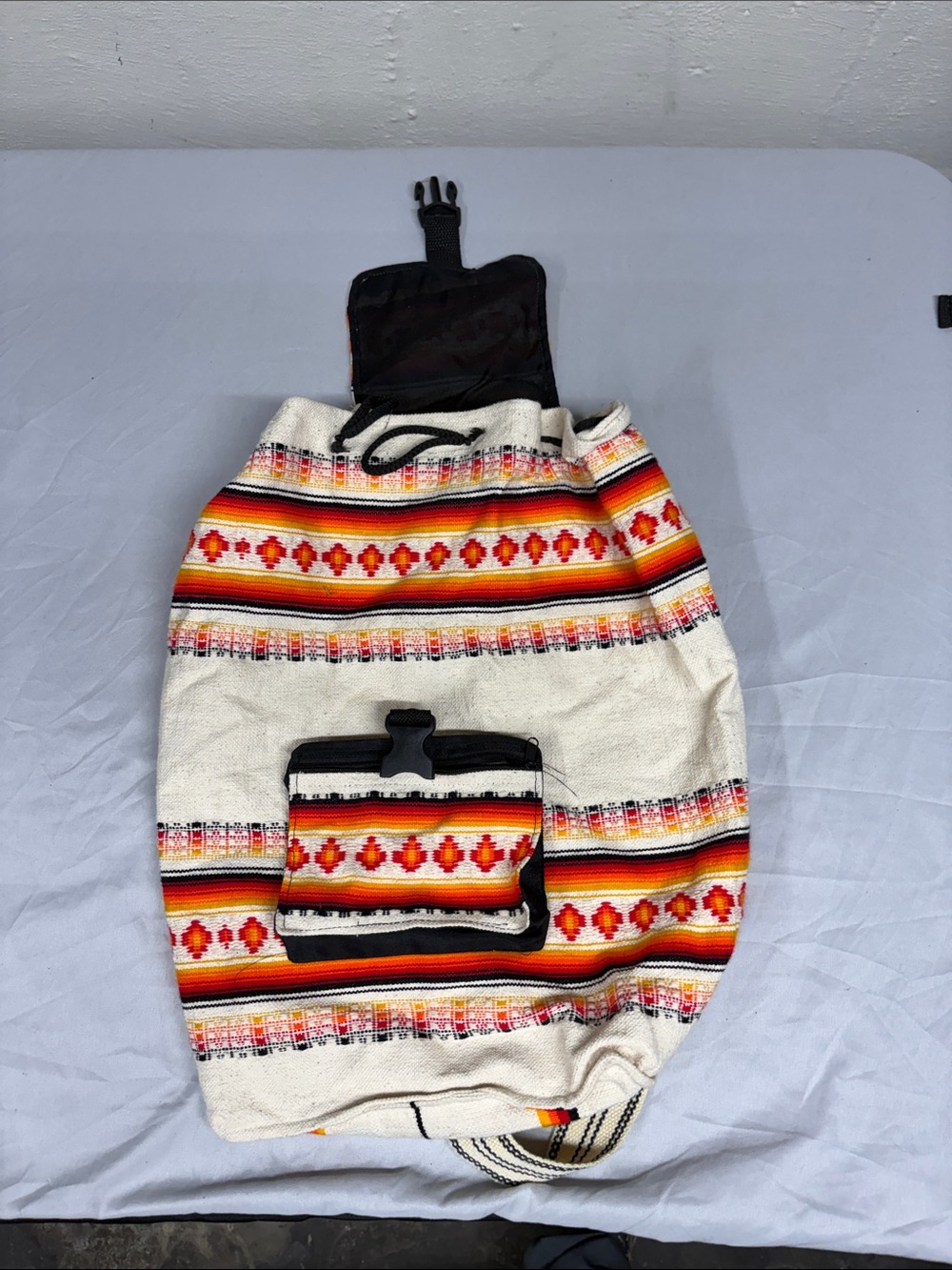 Source Unknown Cream Mexican Stripe Backpack with Red, Orange and Black Accents